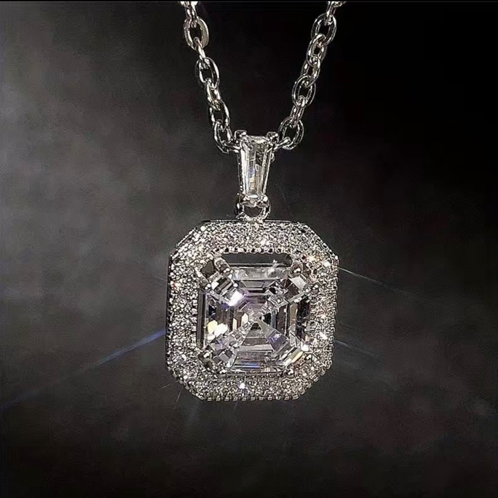 925 Silver Plated Square Cut Zircon Side Pave Pendant Necklace